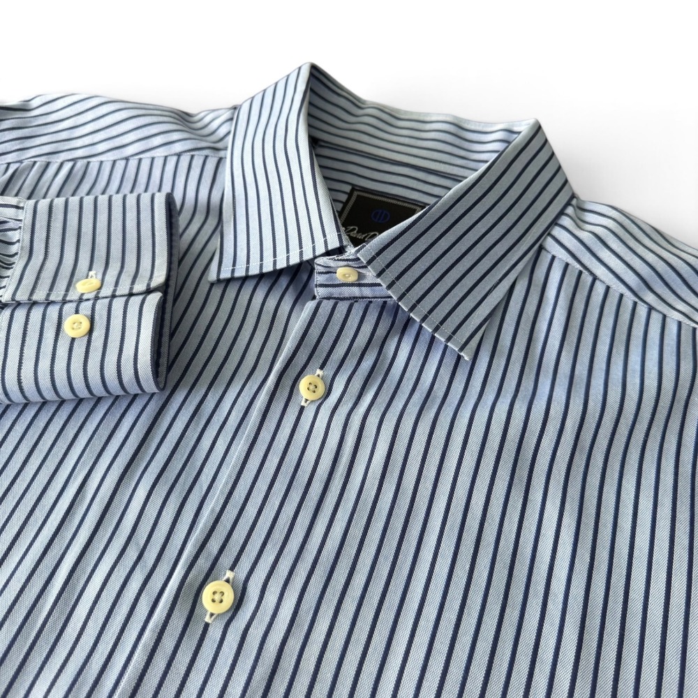 David Donahue Dress Shirt Men 17.5 36/37 Blue Striped Classic Cotton Long Sleeve